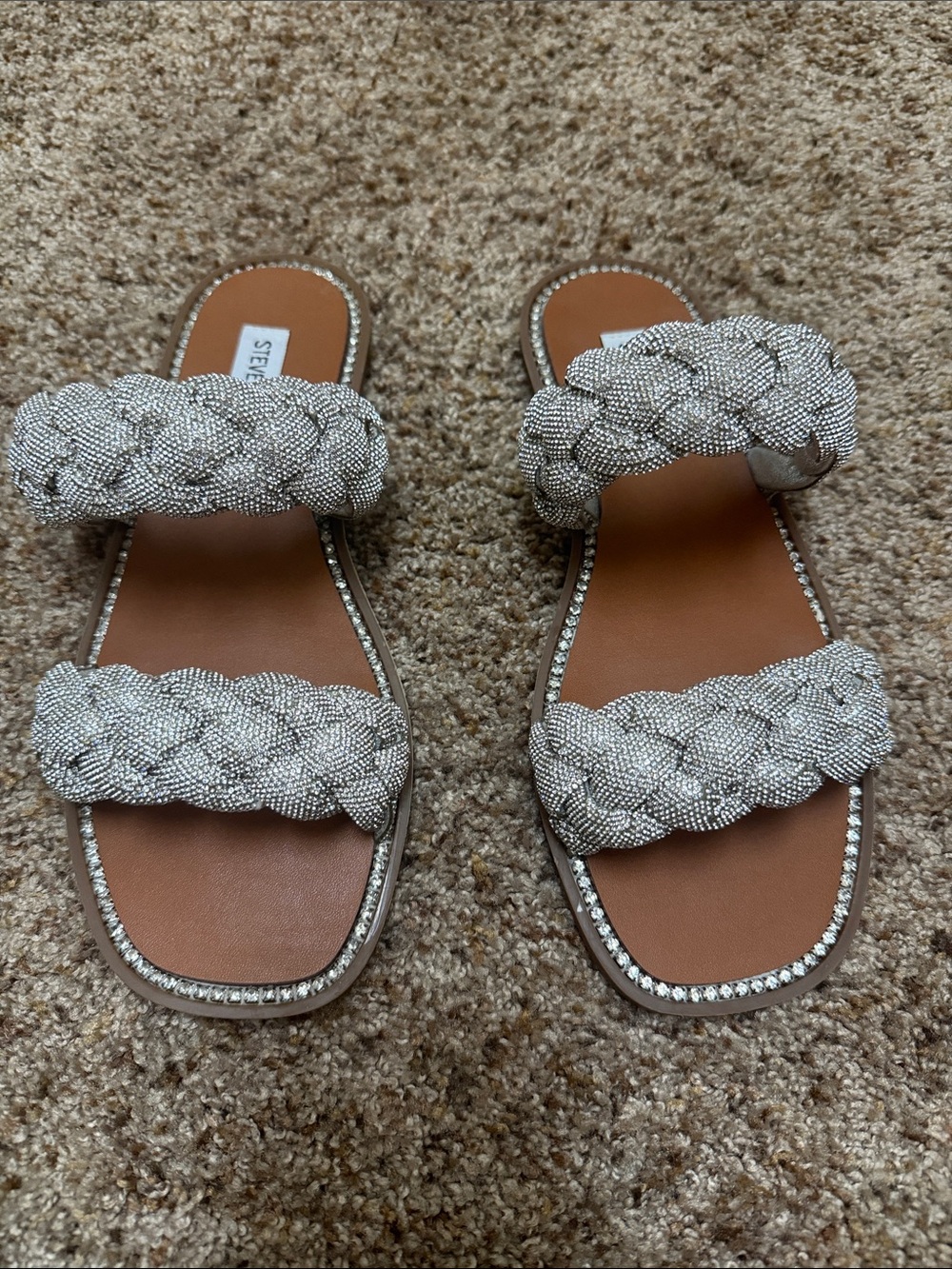 Steve Madden Silver Braided Crystal Double-Strap Slide Sandals